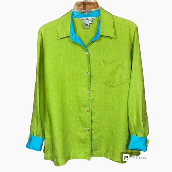 David Brooks Petites Womens Chartreuse/Turquoise 100% Linen Button Down Shirt PM - Picture 1 of 8